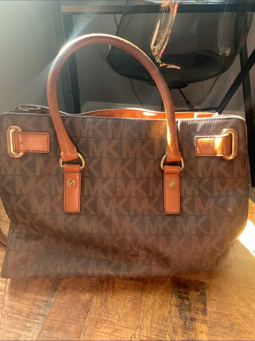 Michael Kors Brown & Tan Logo Tote with Gold Hardware